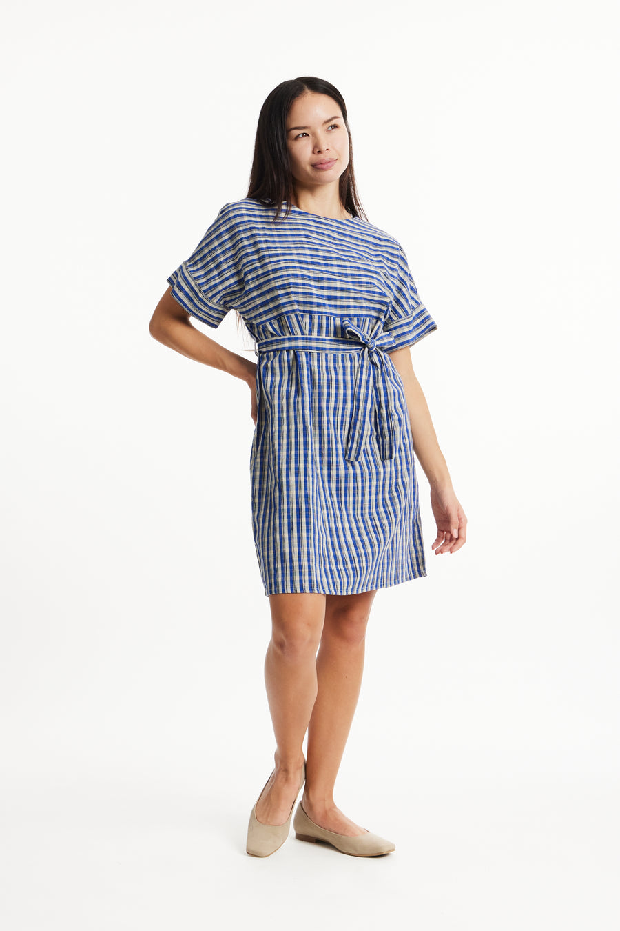 People Tree Fair Trade, Ethical & Sustainable Christabel Ikat Dress in Blue check 100% Organic Cotton