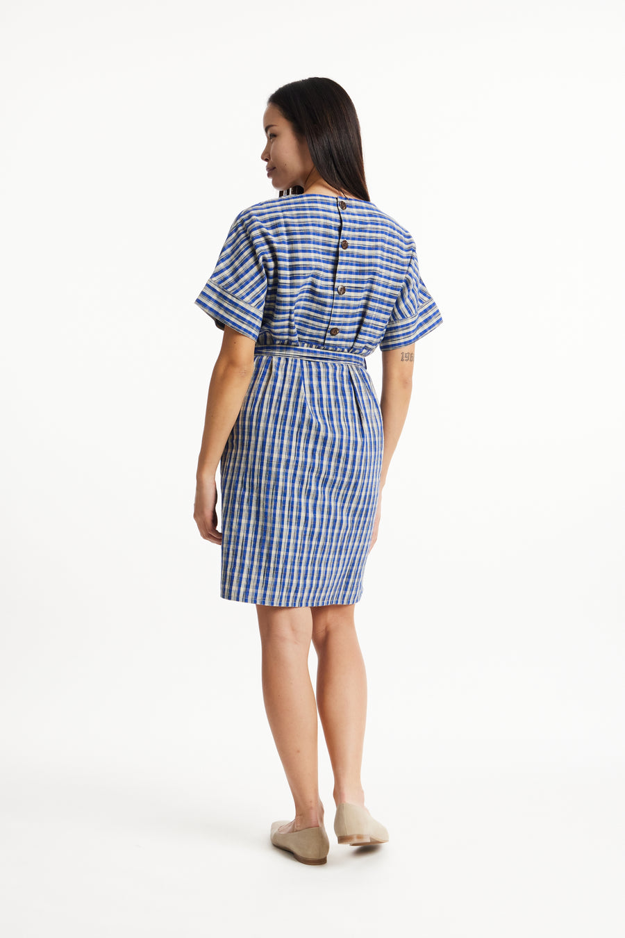 People Tree Fair Trade, Ethical & Sustainable Christabel Ikat Dress in Blue check 100% Organic Cotton