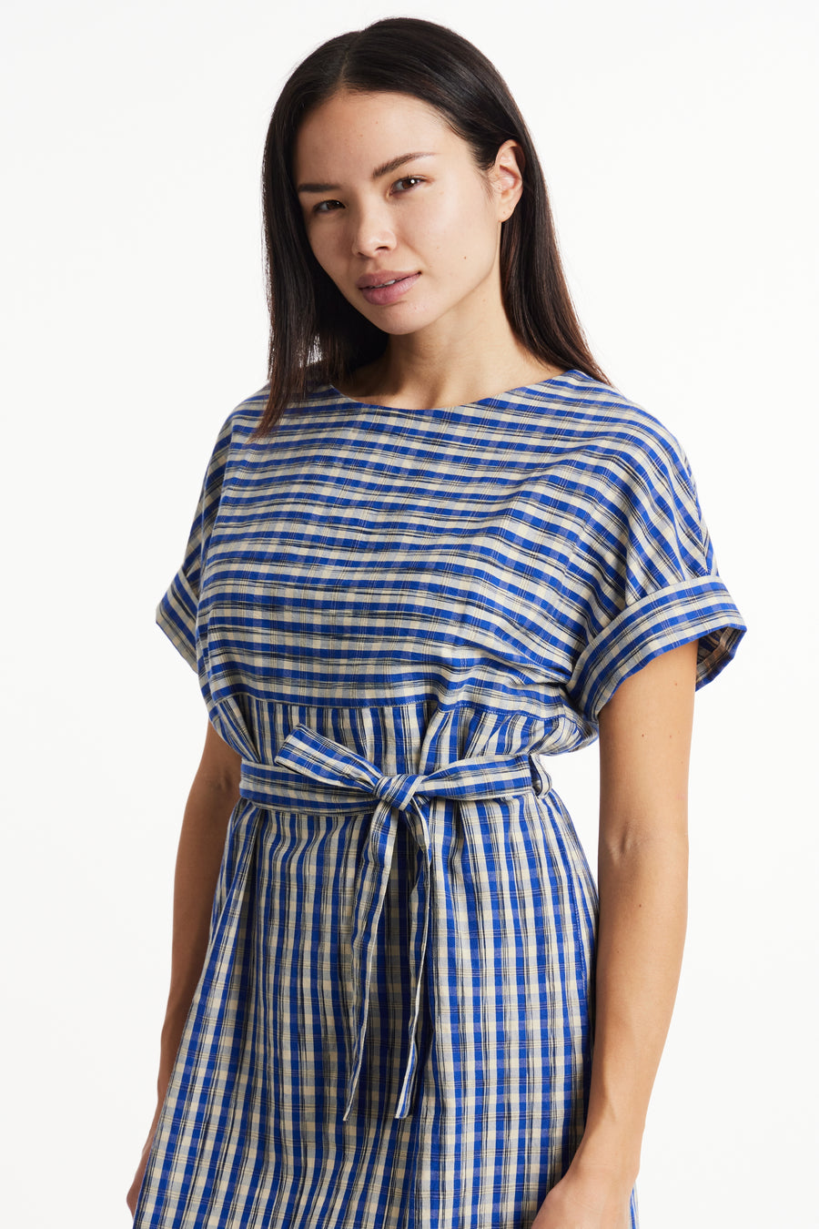 People Tree Fair Trade, Ethical & Sustainable Christabel Ikat Dress in Blue check 100% Organic Cotton