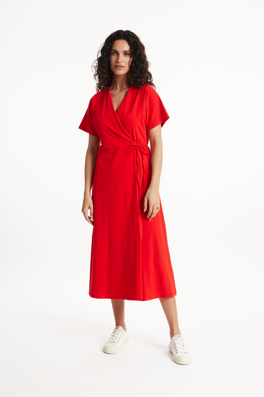 People Tree Fair Trade, Ethical & Sustainable Leora Wrap Dress in Red 95% organic certified cotton, 5% elastane