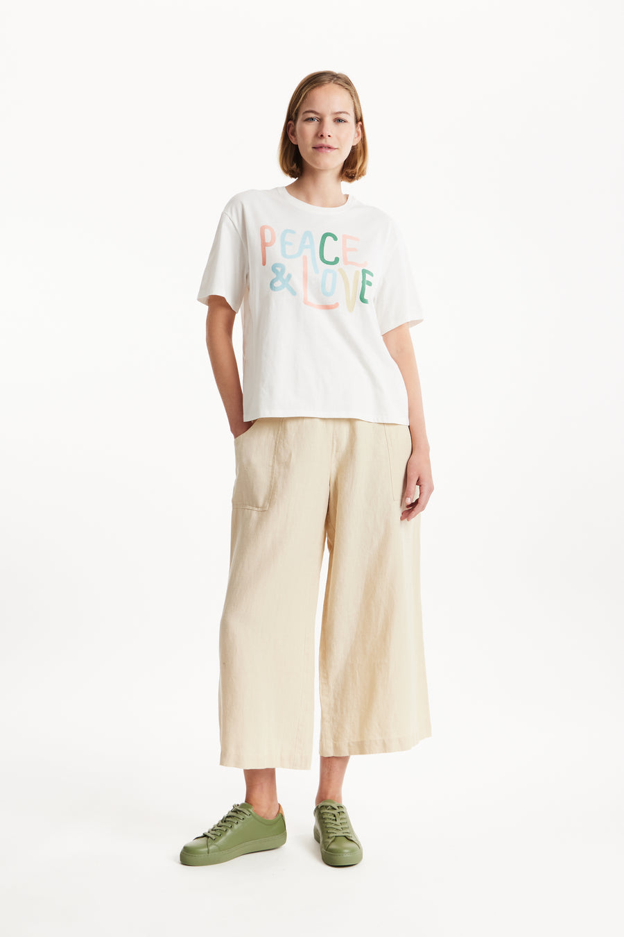 People Tree Fair Trade, Ethical & Sustainable Peace & Love Print Tee in Eco white 100% organic certified cotton