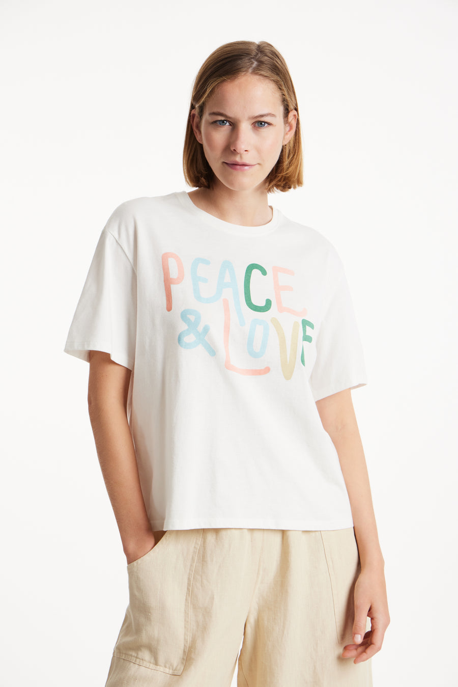 People Tree Fair Trade, Ethical & Sustainable Peace & Love Print Tee in Eco white 100% organic certified cotton