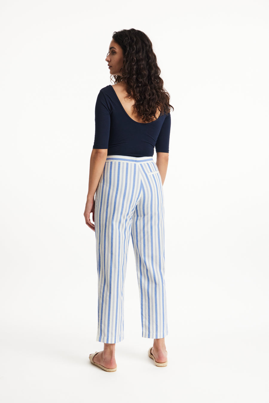 People Tree Fair Trade, Ethical & Sustainable Reese Striped Trousers in Blue stripe 100% Organic Cotton