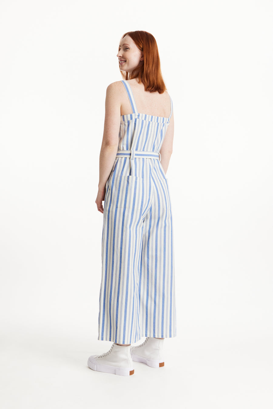 People Tree Fair Trade, Ethical & Sustainable Rena Striped Jumpsuit in Blue stripe 100% Organic Cotton