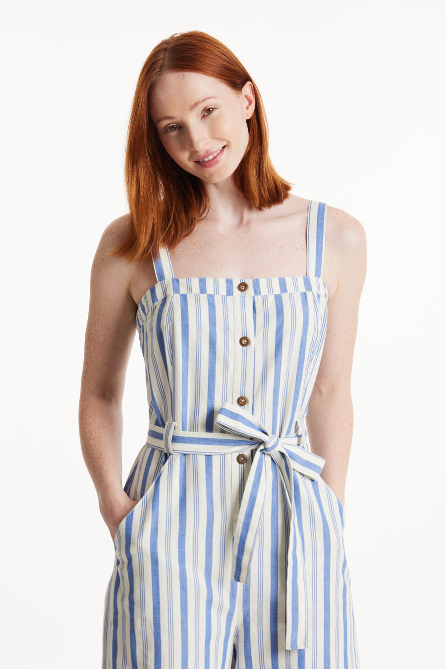 People Tree Fair Trade, Ethical & Sustainable Rena Striped Jumpsuit in Blue stripe 100% Organic Cotton