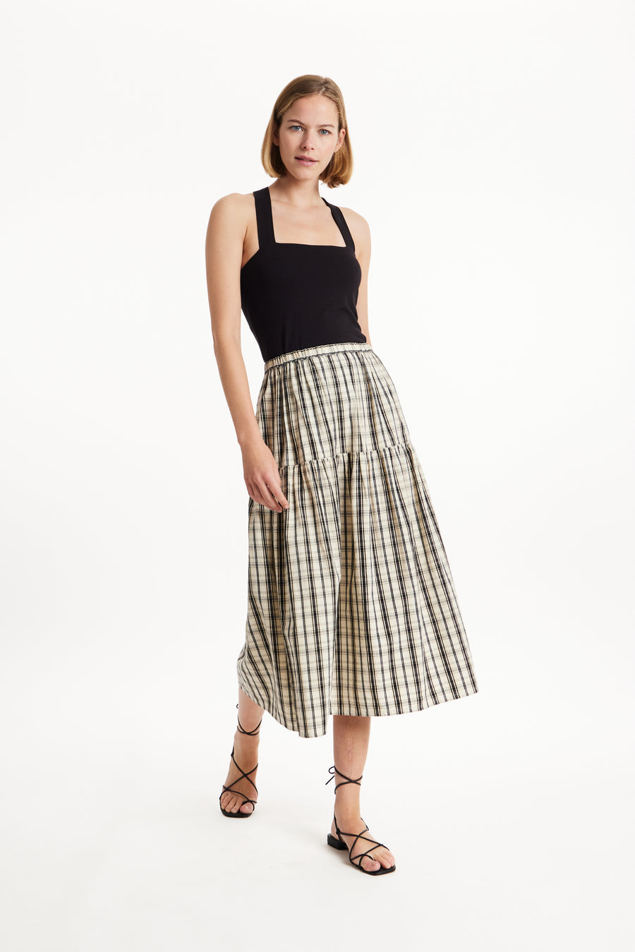 People Tree Fair Trade, Ethical & Sustainable Ulla Checked Skirt in Black check 100% Organic Cotton